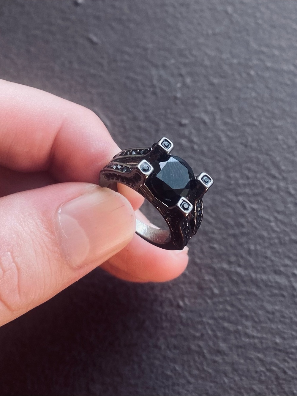 Black CZ Stones Stainless Steel Statement Ring Size 6